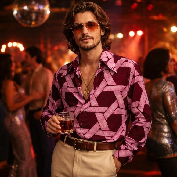 VTG 70s The Open Door by Block Shirt M 15.5 Mens Disco Geometric Crepe Burgundy - Picture 2 of 7